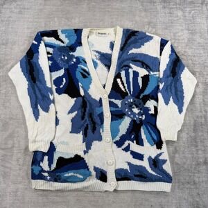 Magnolia Sweater Women Medium White Vintage Floral Cardigan Cotton Chunky Knit